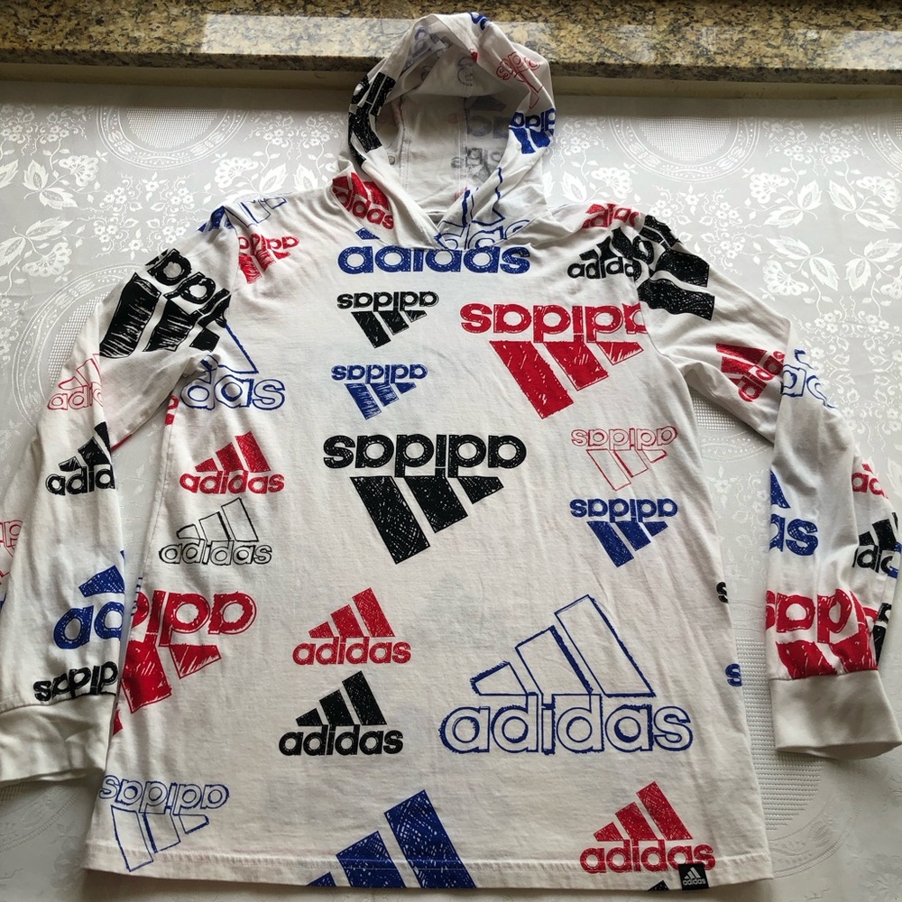 Adidas Love Sketchy Allover Logo Print Youth Size XL(18-20) White Hooded Shirt